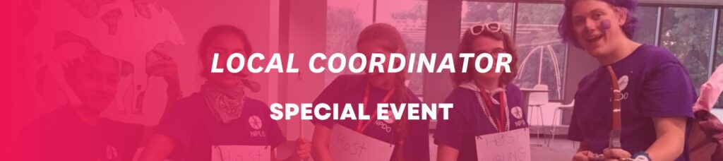 A banner with YFU volunteers and a pink overlay with the words LOCAL COORDINATOR SPECIAL EVENT