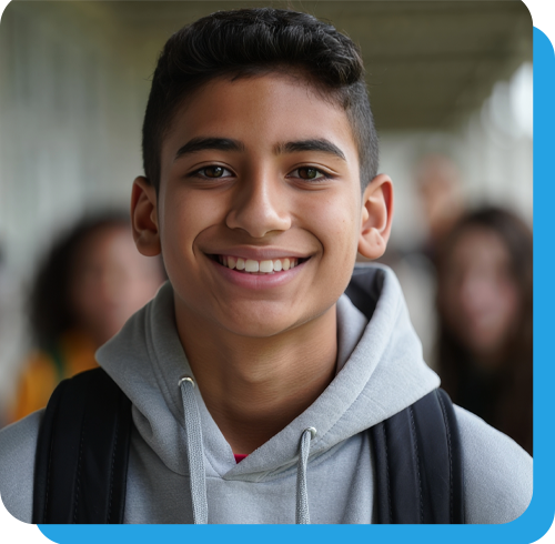 A student wearing a light gray hoodie and a backpack standing in a hallway or outdoor walkway, with other students softly out of focus in the background.
