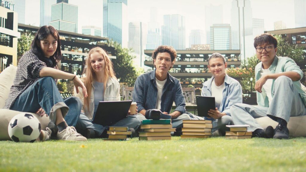 High school international students studying abroad in foreign country